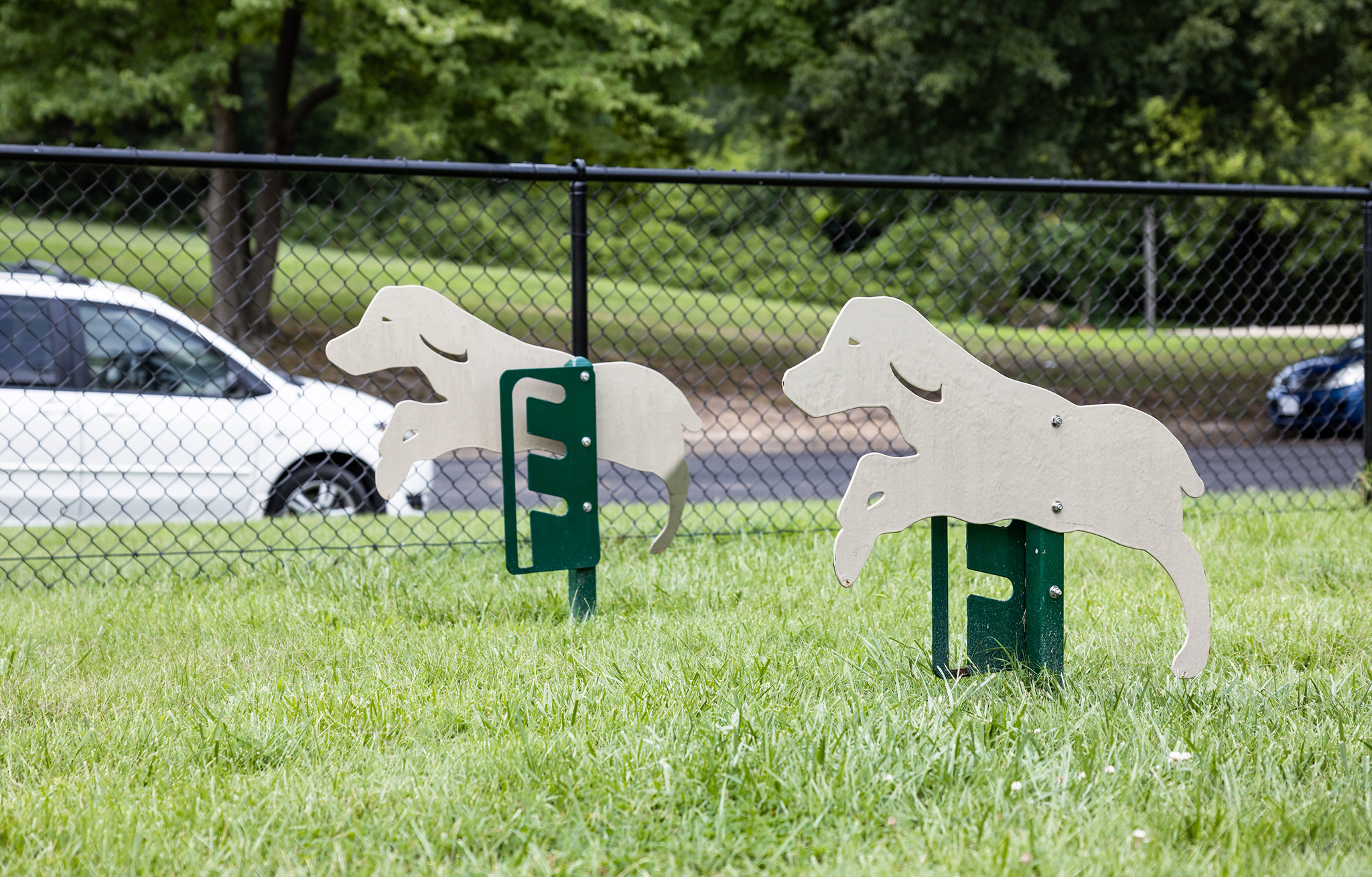 three wooden dogs standing in the grass next to a fence